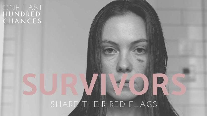A woman with a black eye looks into the camera. Over the image is text 'survivors share their red flags'